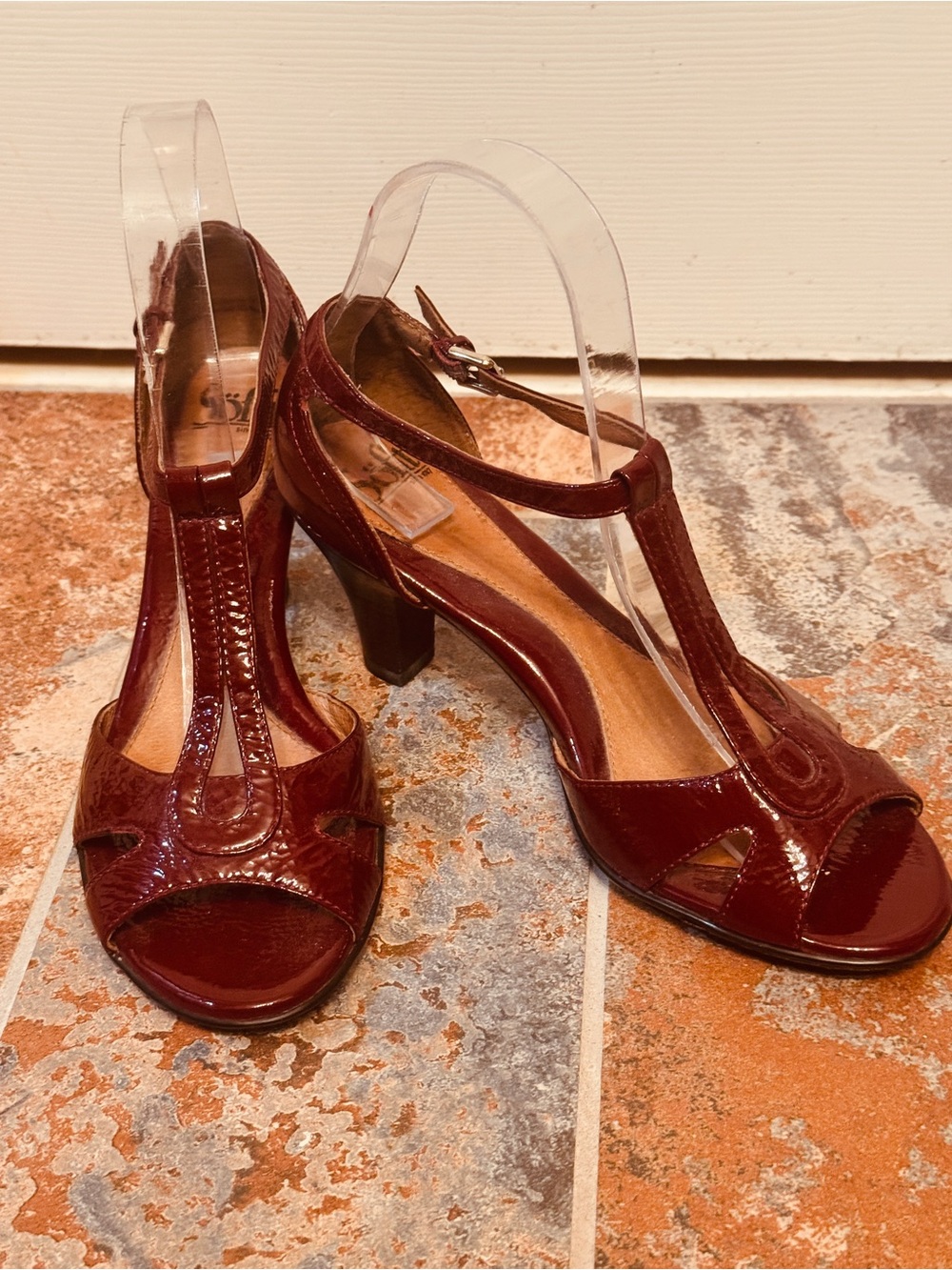 Rich, Vibrant, Sofft Burgundy Patent T-Strap Peep-Toe Heels!